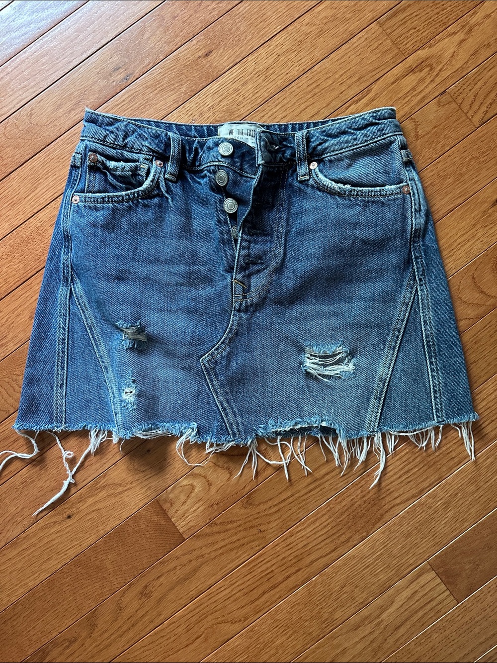 We The Free Blue Distressed Denim Mini Skirt